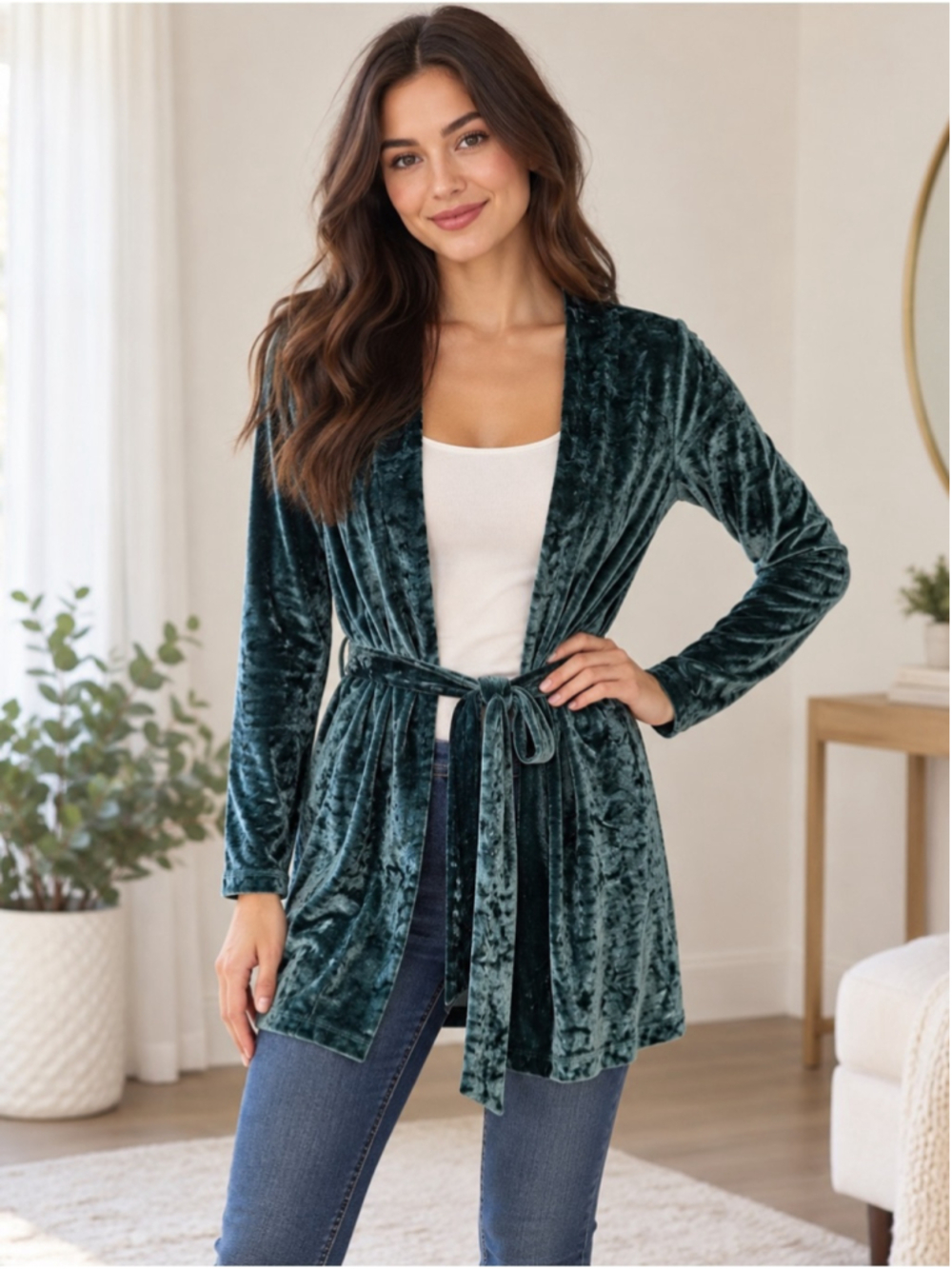 Forever 21 Crushed Velvet Tie-Waist Robe Cardigan in Teal Green Size XS Y2K